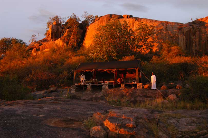 Luxury dining tent at sunset, Loliondo, Tanzania